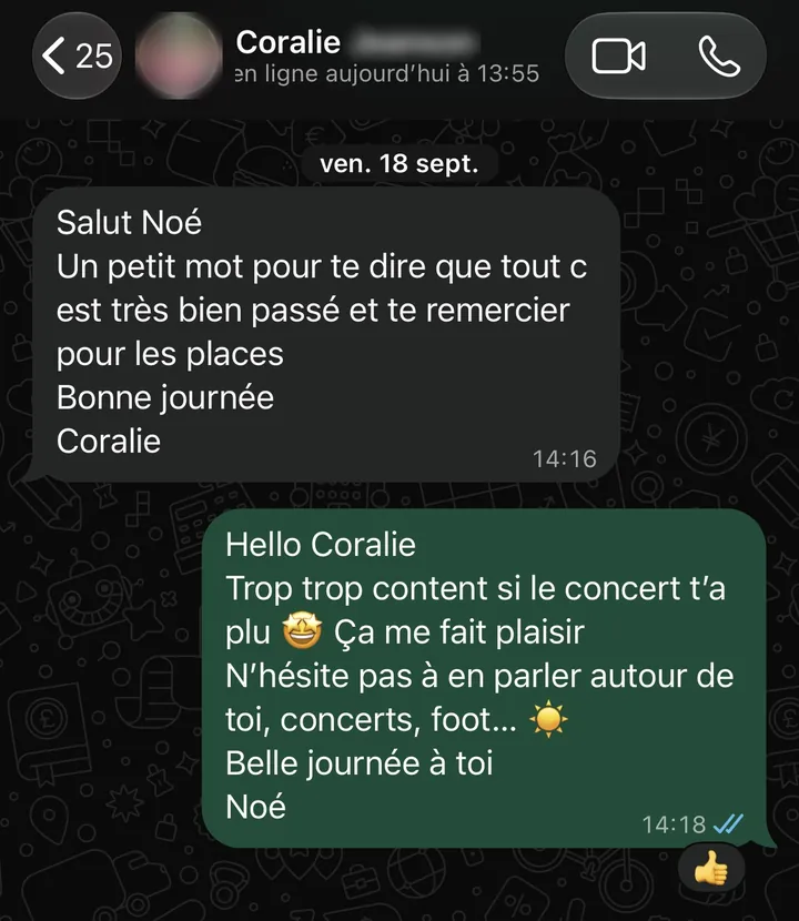 Message WhatsApp de Coralie : « Un petit mot pour te dire que tout s'est très bien passé et te remercier pour les places. »
