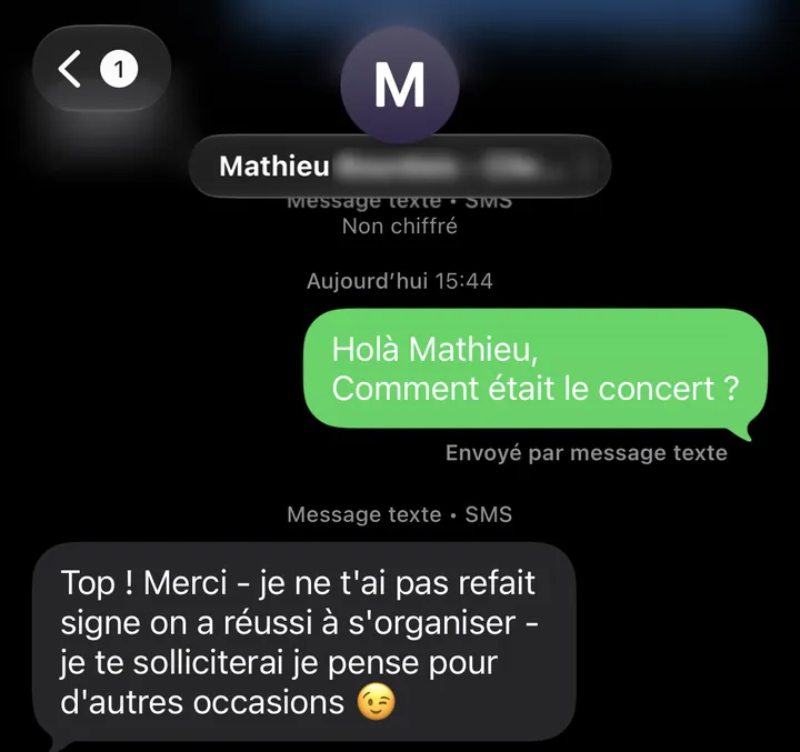 SMS de Mathieu après le concert de Céline Dion : « Top ! Merci (...) je te solliciterai je pense pour d'autres occasions »