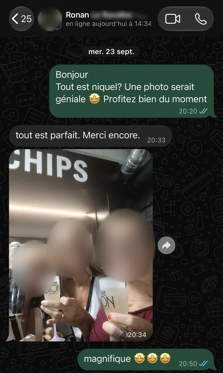 Message WhatsApp de Ronan pendant le concert de Céline Dion, photo de trois spectatrices aux visages floutés : « Tout est parfait. Merci encore. »